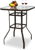 VINGLI Outdoor Bar Table with Umbrella Hole, Metal Patio Bar Height Pub Table for Patio High Top (Brown)