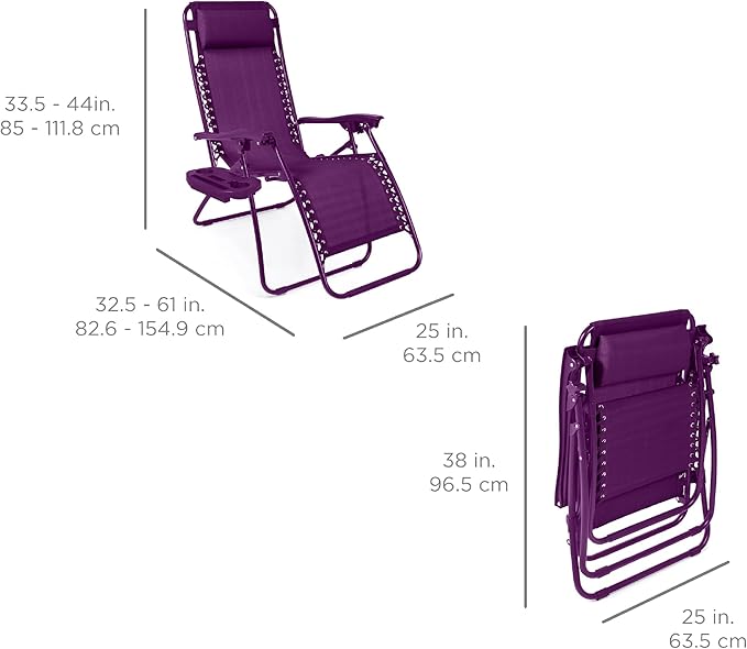 Best Choice Products Set of 2 Adjustable Steel Mesh Zero Gravity Lounge Chair Recliners w/Pillows and Cup Holder Trays - Amethyst