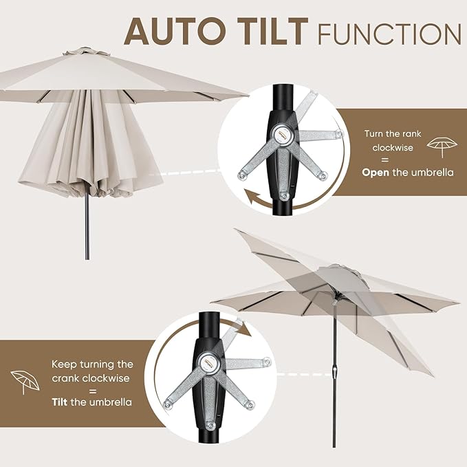 Tempera Patio Market Outdoor Table Umbrella with Auto Tilt and Crank, Large Sun Umbrella with Sturdy Pole & Fade Resistant Canopy, Easy to Set