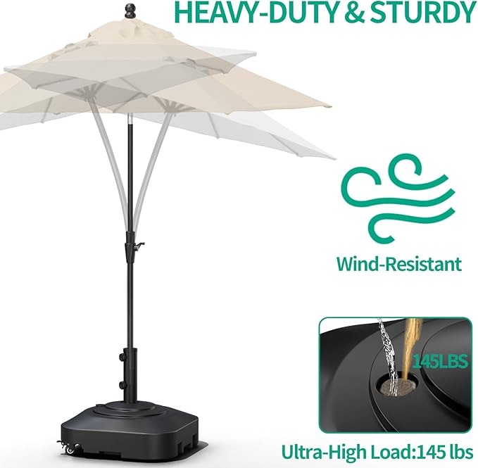 Umbrella Base with 5 Wheels, Upgraded 145lb Umbrella Stand Base, Heavy Duty & Windproof, Fillable Umbrella Base Mobile Umbrella Outdoor for Patio, Deck, Poolside, Lawn, Fits Most Sized Umbrellas