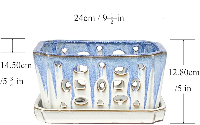W&W Orchid Pot with Holes and Saucer for Repotting, Blue and White, 9.7 Inch