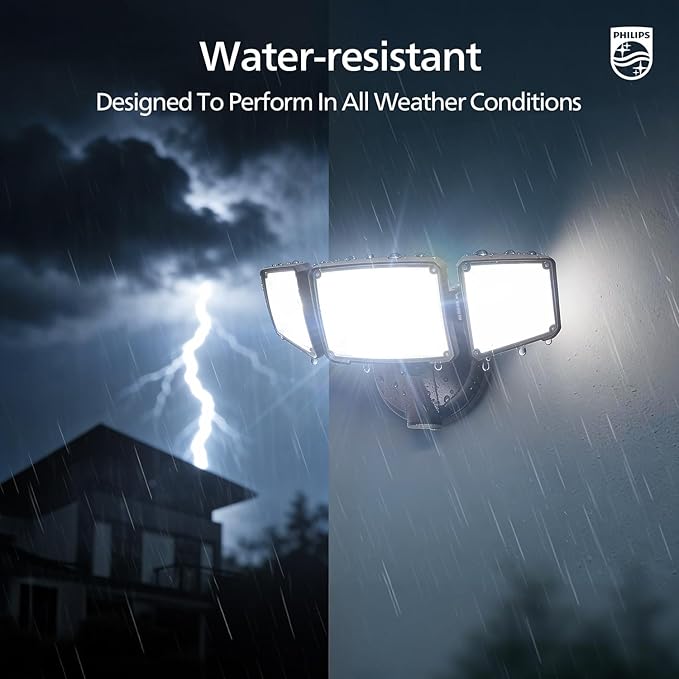 Philips 72W 7400LM LED Flood Lights Outdoor, Switch Controlled Aluminum Security Lights, 3 Adjustable Heads, Wall Mount, 5000K Daylight, Waterproof for Yard, Garage Brown
