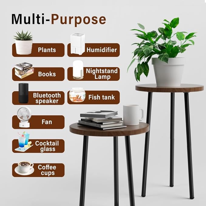 Plant Stand Indoor 2 Pack: Plant Table 14''&20'' Wooden & Metel Heavy Duty Stands for Flower Lovers - Mid Century Modern Design Stool for Bedroom/Living Room/Patio/Garden
