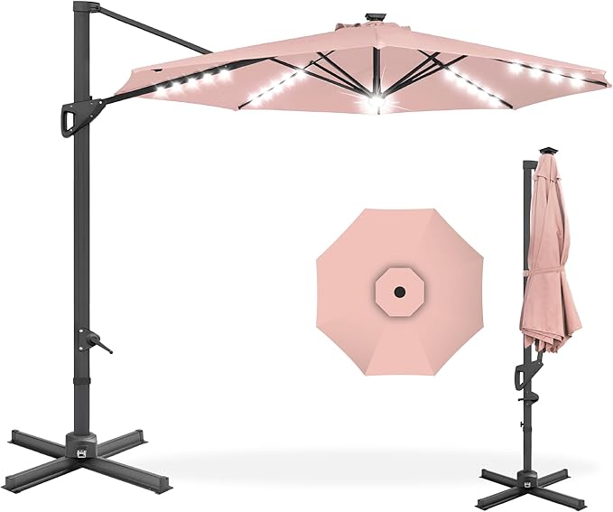 Best Choice Products 10ft Solar LED Cantilever Patio Umbrella, 360-Degree Rotation Hanging Offset Market Outdoor Sun Shade for Backyard, Deck, Poolside w/Lights, Easy Tilt, Cross Base