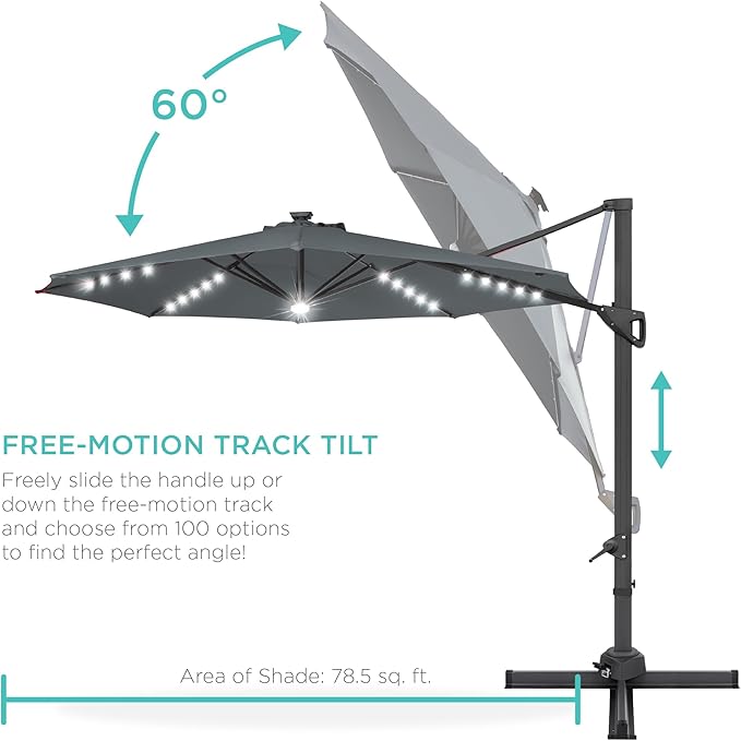 Best Choice Products 10ft Solar LED Cantilever Patio Umbrella, 360-Degree Rotation Hanging Offset Market Outdoor Sun Shade for Backyard, Deck, Poolside w/Lights, Easy Tilt, Cross Base