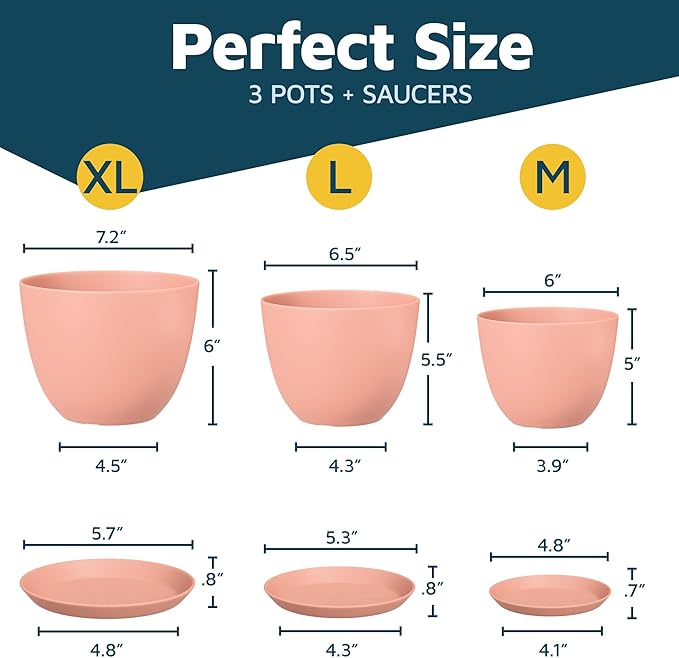 Pink Plant Pots with Drainage Holes & Saucers 3 Pack, Indoor & Outdoor Stackable Space-Saving Planters for Houseplants & Flowers, (7", 6.7", and 6" Inches), Durable & Weatherproof Materials