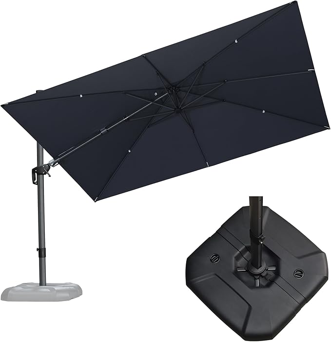 PURPLE LEAF 11.5' X 8.2' Tilting Patio Umbrella with Base Outdoor Cantilever Swivel Rectangle Umbrella Aluminum Offset Umbrella with 360-degree Rotation for Garden Deck Pool Patio Grey