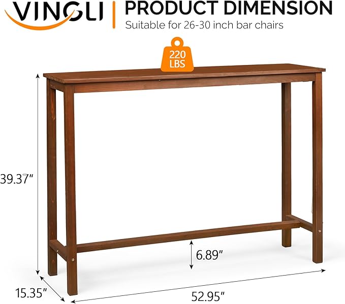 VINGLI Wooden Outdoor Bar Table, Wood Patio Counter Height Table, Weather-Resistant Patio Pub Table for Garden, Balcony, Poolside, Backyard, Indoor Use (Brown, 53")
