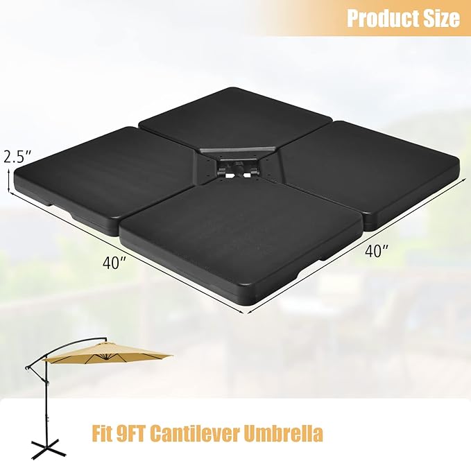 Tangkula 4Pcs 13L 220 lbs Cantilever Offset Patio Umbrella Base, Water & Sand Filled Heavy Duty Outdoor Umbrella Base, Square Umbrella Base Plate Set with Easy-Fill Spouts, Black