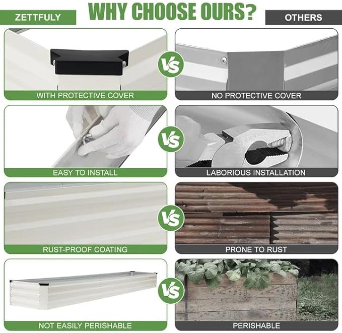 Galvanized Raised Garden Bed Outdoor | Metal Raised Garden Bed for Gardening 2Pack | Large Planter Box for Vegetables Flowers Fruits | Easy Assembly & Safety Design Flower Beds 12x2x1ft White