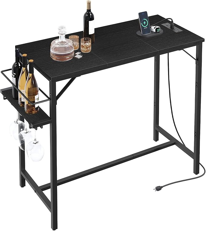 Bar Table, 35.4-Inch Counter Height Pub Table with Charging Station, Rectangular Dining Table with Wine Rack and Glass Holder, High Top Cocktail Tables, for Kitchen, Black（Only Table）