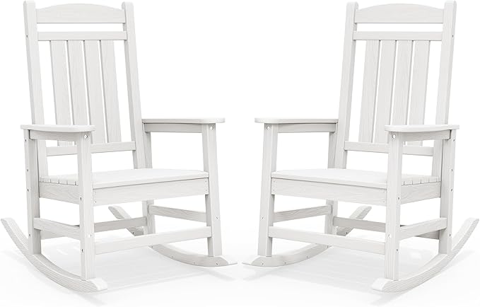 SERWALL Outdoor Rocking Chairs Set of 2, Oversized HDPE Porch Rockers for Adults, All-Weather Composite Patio Rocking Chairs, White
