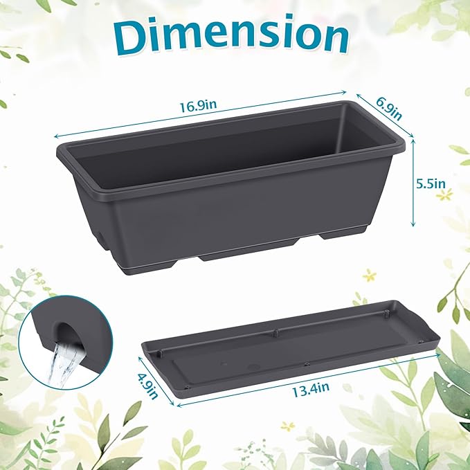 ETELI Deck Railing Planter Boxes 6 Pack Window Box with Brackets Adjustable Balcony Fence Planters Hanging Flower Boxes for Porch Patio Garden Outdoor, Grey & Black