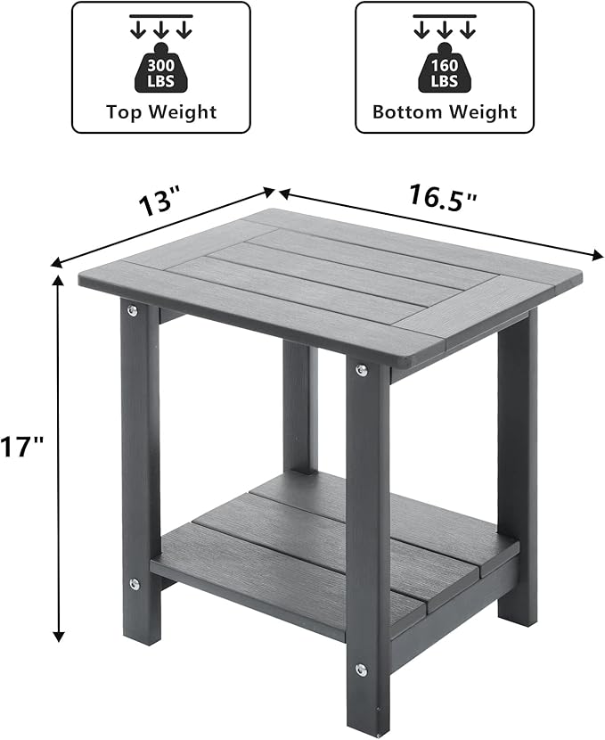 Double Adirondack Outdoor Side Table Weather Resistant, Outdoor Rectangular Patio End Table for Adirondack Chair, Grey