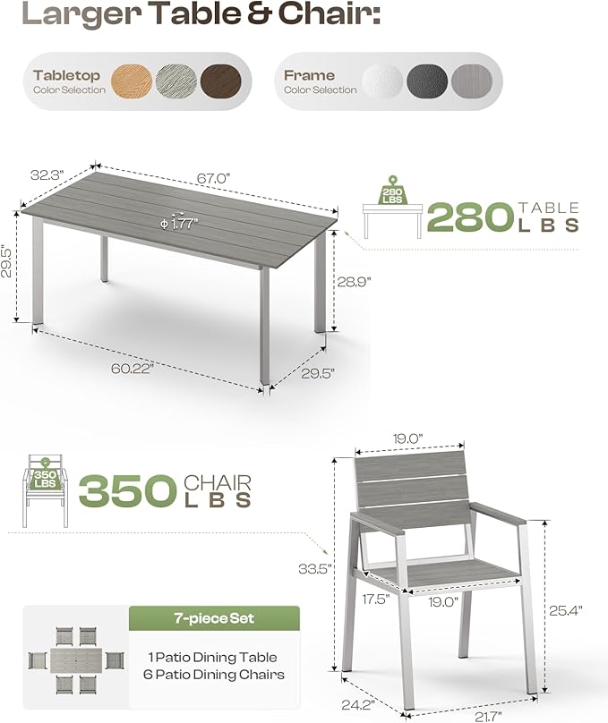 Aluminum Outdoor Dining Set for 6, Patio Table and Chairs Set with Umbrella Hole, 7 Pieces HDPS Outdoor Furniture Sets for Patio, Garden (Gray & Teak)