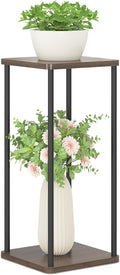 2 Tier Plant Stand Indoor, 28In Tall Corner Vertical Wood Metal Square Shelf, Modern Black Large Planter Table Heavy Duty Flower Pot Holder Rack for Narrow House Living Room Floor Orchid, Oak