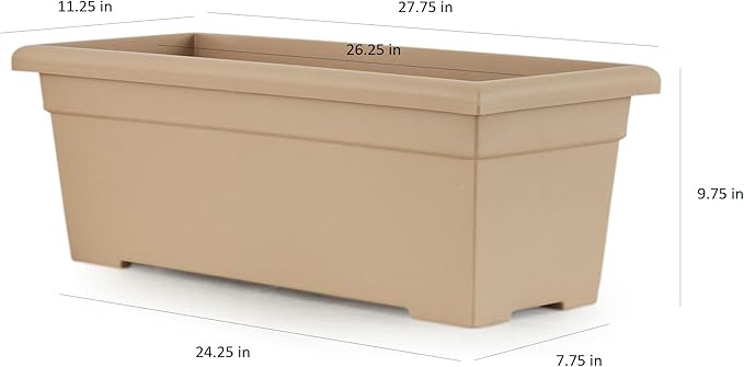 The HC Companies 28 Inch Romana Planter Box with Drainage Plug, Lightweight UV-Resistant Plastic Outdoor Planters, 1-Pack Flower Box for Garden, Patio, Balcony, and Fence, Sandstone