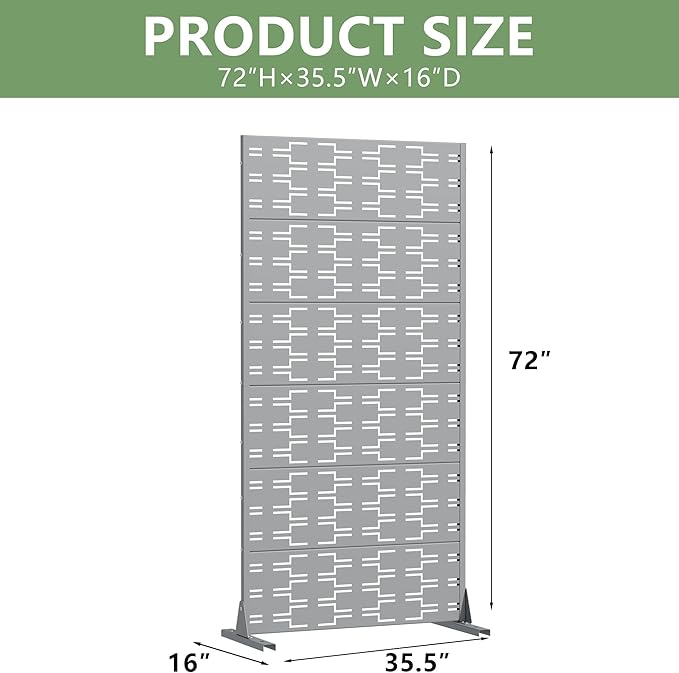 Casaphoria Metal Privacy Screen Outdoor, 72" H x 35" W Freestanding Decorative Privacy Screen for Patio Deck Balcony Garden with Stable Base, Grey-Brick