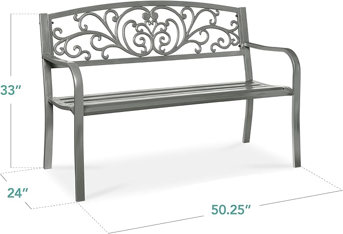 Best Choice Products Outdoor Bench Steel Garden Patio Porch Furniture for Lawn, Park, Deck w/Floral Design Backrest, Slatted Seat - Gray