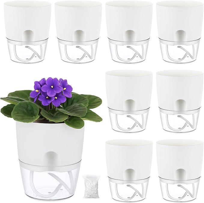 Planterhoma 8 Pack Self Watering Pots for Indoor Plants, 4 Inch Plant Pot Plastic Self Watering Planter for Orchid, African Violet, Small Clear Flower Pots with Drainage Holes and Wicking Rope, White