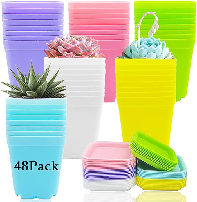 Haawooky 48 PCS 3 Inch Colorful Plastic Plant Pot,Plastic Square Nursery Pots,Seedling Nursery Pots with Saucers for Garden,Home,Office,Balcony Decor,Garden Gifts