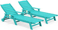 SERWALL Patio Chaise Lounge Chair Set of 2, 78'' Long 5-Positions Adjustable HDPE Outdoor Lounger for Pool, Poly Lounge Chair with Rolling Wheels & Cup Holder for Poolside, Deck, Aqua Blue