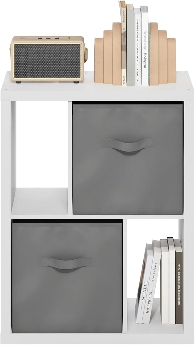 Furinno Viola Standing Storage Shelf with Two Storage Bins, White/Light Grey