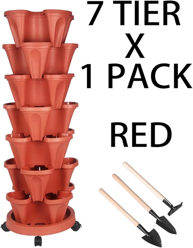 GameXcel Vertical Planter 7 Tier Stackable Planters Garden Planters Strawberry Herb Flower and Vegetable Planter Indoor Outdoor Gardening Pots with Removable Wheels and Tools - Red