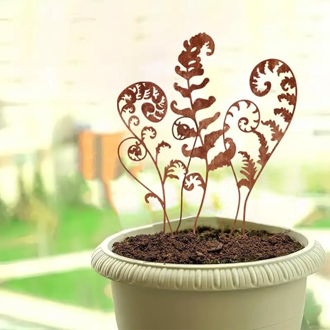Metal Flowers for Outside,Set of 6 Fern Plants Garden Stakes Decorative Statues,Yard Art Outdoor Plant Decorations for Pots (Brown)