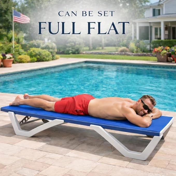 Kozyard Outdoor Chaise Lounge Chair, Full Flat Adjustable Patio Lounger with Aluminum Frame & Resin Legs, Textilene Fabric for Poolside, Backyard & Beach (Blue, 2Chairs with Table)