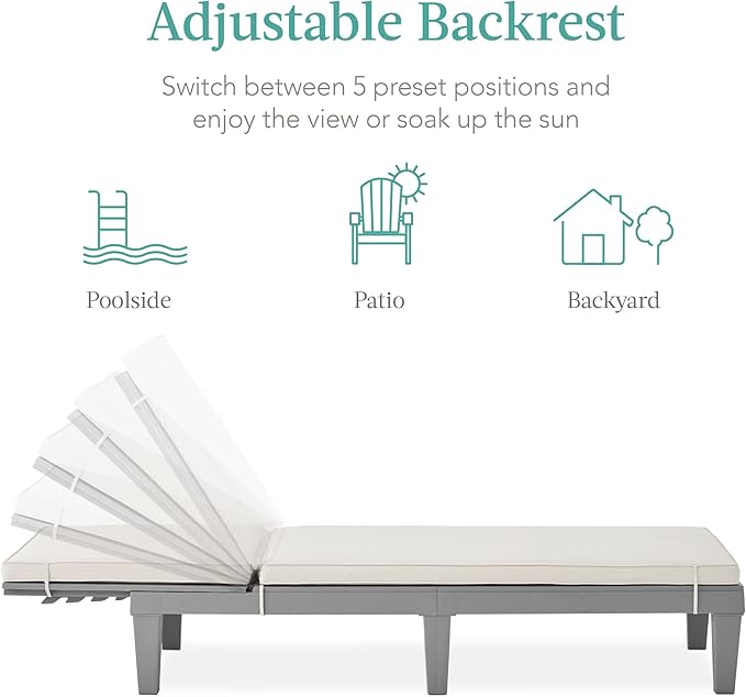 Best Choice Products Outdoor Lounge Chair, Resin Patio Chaise Lounger for Poolside, Backyard, Porch w/Seat Cushion, Adjustable Backrest, 5 Positions, 330lb Capacity - Gray/White Sand