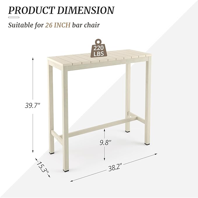 Outdoor Bar Table, 38" Patio Bar Height Counter Console Table, Waterproof HDPS Slatted Top, Weather Resistant, Hot Tub, Balcony, Yard, Indoor or Outdoor Use, Sand