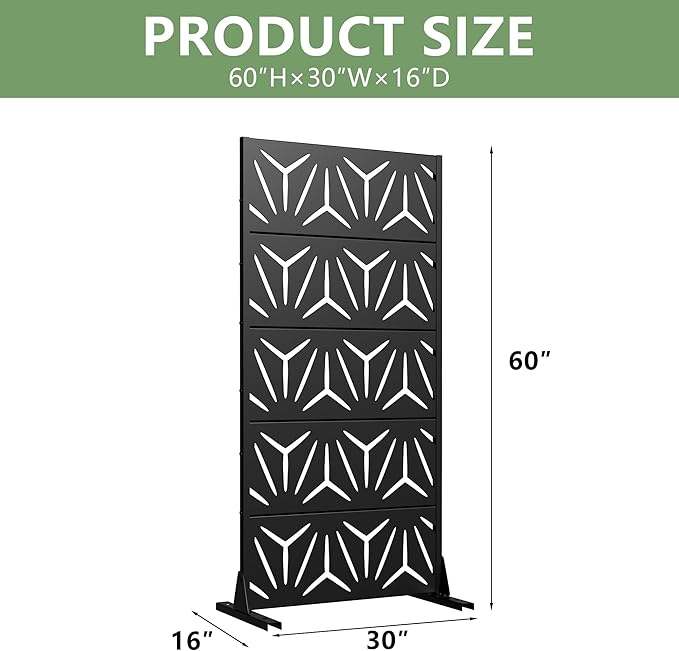 Casaphoria Metal Privacy Screen Outdoor, 60" H x 30" W Freestanding Decorative Privacy Screen for Patio Deck Balcony Garden with Stable Base, Black-Star