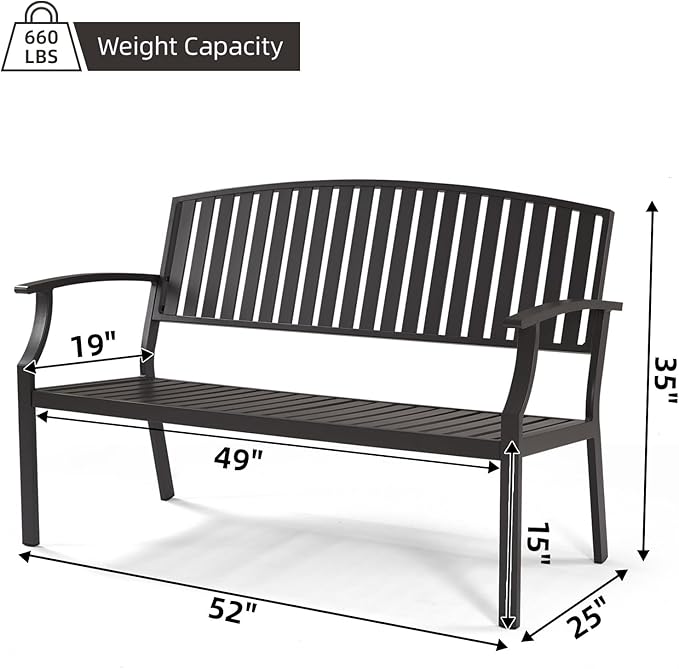 52" Outdoor Bench Weatherproof, Rust-Resistant Aluminum Metal Patio Garden Bench, Patio Loveseat for Porch Garden Lawn Backyard Park Balcony(Grey, 1PC)