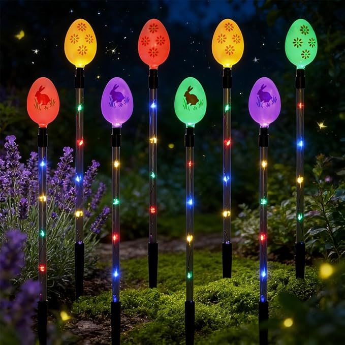 8 PCS Solar Easter Eggs Stake Lights, IP65 Waterproof Multicolor Outdoor Easter Pathway Lights Auto On/Off Solar Stake Light for Lawn Landscape Yard Patio Decorations