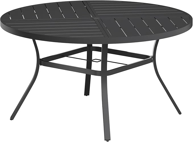 VICLLAX Round Patio Table with Adjustable Umbrella Hole for 6, All Weather Metal Outdoor Dining Table for Lawn Garden, 50" Outdoor Coffee Table, Black Tabletop