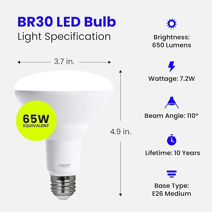 Feit Electric BR30 LED Light Bulb, 65W Equivalent, Dimmable, 650 Lumens, E26 Standard Base, 2700K Soft White, 90 CRI, Recessed Can Light Bulbs, 12-Year Lifetime, BR30DM927CA10K/MP/12, 12 Pack