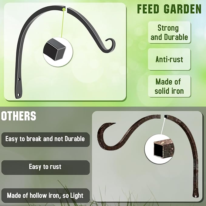 FEED GARDEN 2 Pack 10 Inch Hanging Plant Bracket Wall Hooks Decorative Plant Hangers for Outdoor Hanging Bird Feeders, Wind Chimes, Plant Baskets, Black