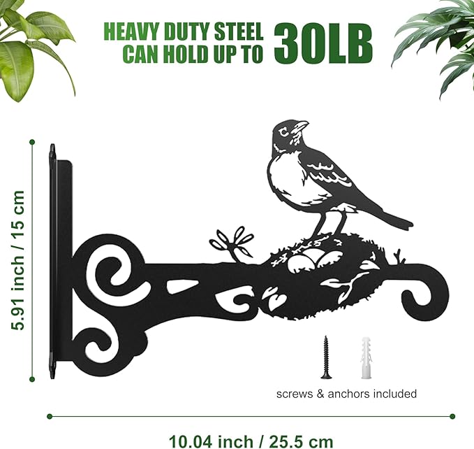 4-Pack Aesthetic Wall Plant Hanger Indoor and Outdoor – 10 Inch Metal Hanging Plant Bracket with Beautiful Bird Pattern – Heavy Duty Plant Hooks for Hanging Plants, Bird Feeder, Wind Chime, Lantern
