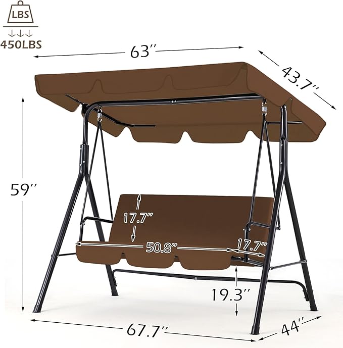 AECOJOY Porch Swing with Stand. 3-Seat Outdoor Clearance Porch Swings for Adults, Outdoor Patio Swing with Adjustable Canopy & Removable Cushion for Backyard, Garden, Yard, Poolside, Balcony (Brown)