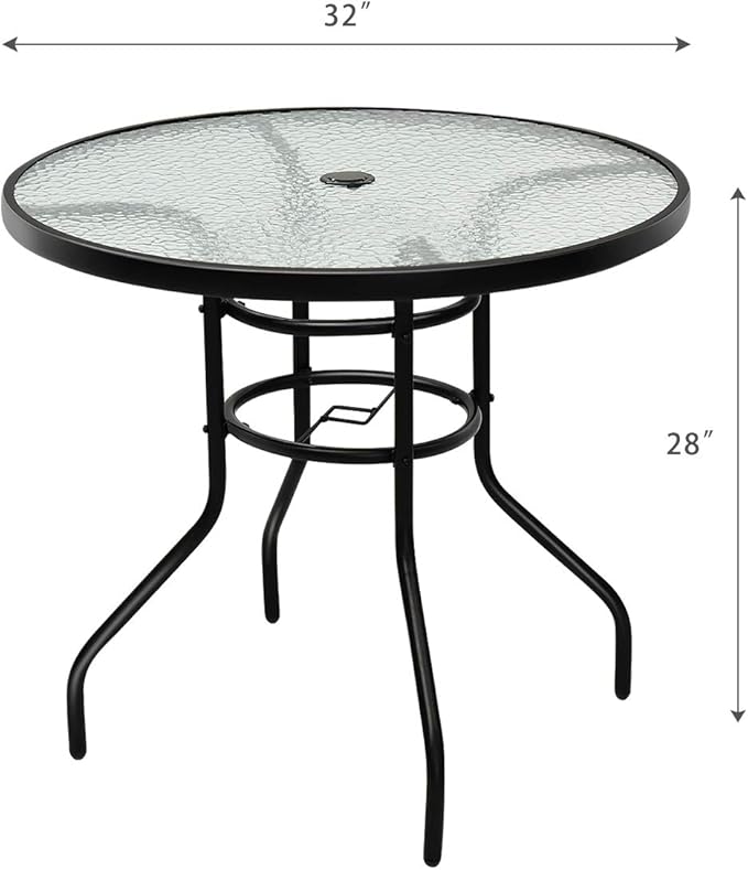 Tangkula 32" Round Outdoor Table with Tempered Glass Top, Patio Dining Table with Umbrella Hole & Metal Frame, Outside Bistro Table for Backyard, Lawn, Deck & Poolside