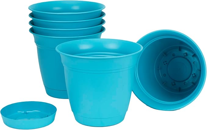 The HC Companies 12 Inch Eclipse Round Planter Pots with Drainage Holes & Attached Saucer, Lightweight UV-Resistant Plastic Indoor & Outdoor Planters, 6-Pack Flower Pots for Garden & Home Decor, Teal