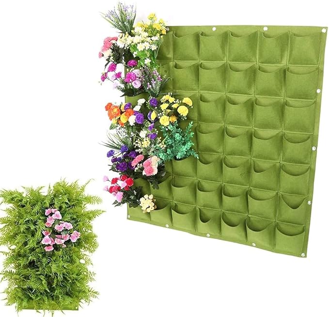Hanging Planting Grow Bags, 49 Pockets Hanging Vertical Wall Planter Wall Mounted Grow Bag Outdoor Indoor Gardening Vertical Greening Flower Container, Planting Bags Storage Bags(1.0 m × 1.0 m, Green)