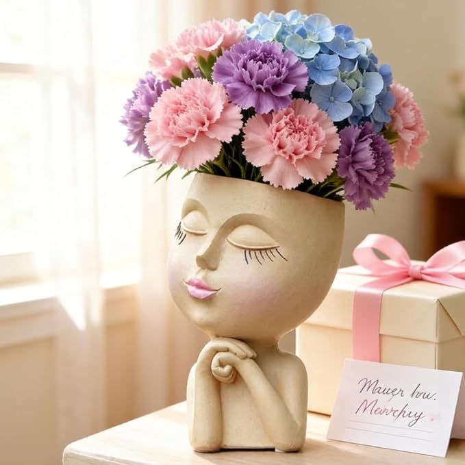 Face Head Planter, Funny Heads Plant Pots, Cute Girl Faces Plant Pot, Decorative Flower Pots, Cute Succulent Pots with Drainage for Home Garden Decor, Plant Lover's Gifts for Women (7" Khaki)