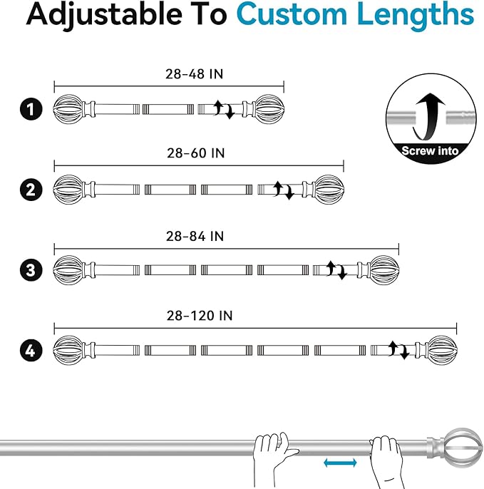 Silver Curtain Rods for Windows 28 to 48 Inch, 5/8" Diameter Heavy Duty Metal Adjustable Small Drapery Rod With Bracket