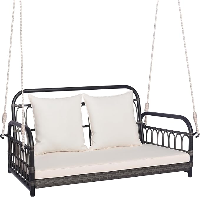 Tangkula Outdoor Wicker Porch Swing, 2-Person Hanging Seat with Seat & Back Cushions, Heavy-Duty Metal Frame & 2 Sturdy Hanging Ropes, Wicker Woven Swing Loveseat for Front Porch