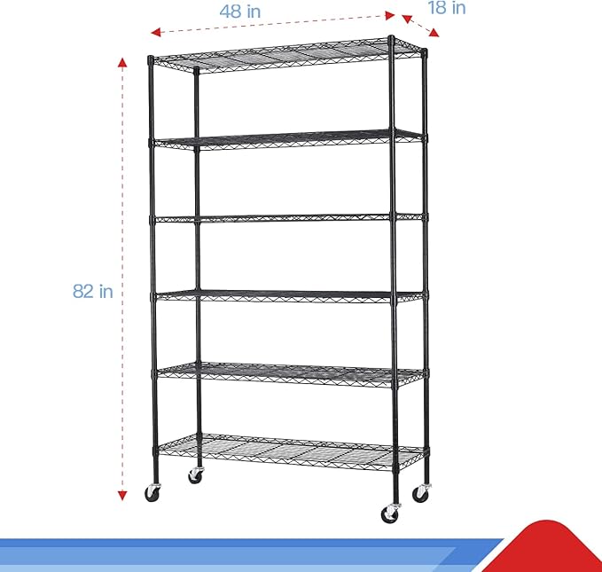BestOffice | 6-Tier Wire Storage Shelves with Wheels | 18x48x82 | Black | Adjustable Racks | Heavy-Duty Metal Shelf, Holds Upto 510 lbs | No-Tool Assembly | Ideal for Home & Garage Shelving