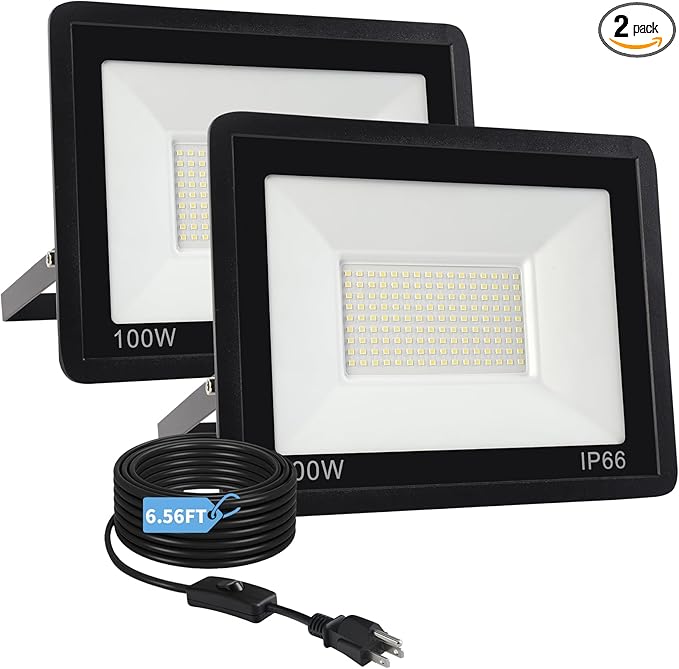 100W Flood Lights Outdoor,12000LM Bright LED Work Light,IP66 Waterproof Outdoor with Switch and 6.5FT Plug,6500K Daylight White Outside Lights for Yard，Garage,Garden,Stadium(2 Pack)