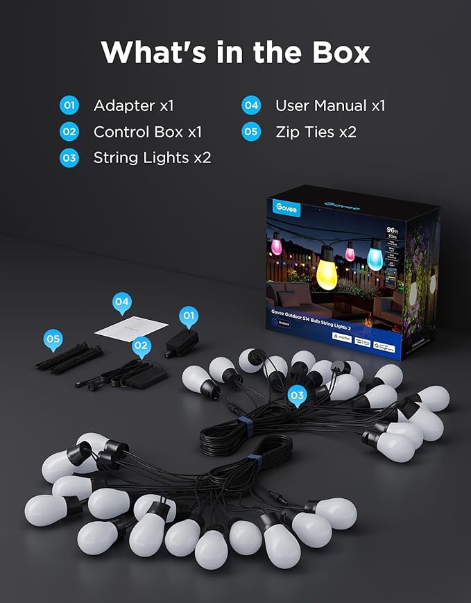 Govee S14 Bulb Outdoor String Lights 2, 96ft Smart RGBIC Warm White Patio Lights with 15 LED Bulbs, 111 Scene Modes for Outdoor Decor, Upgraded IP66 Compatible with Alexa, Google, Matter, APP Control