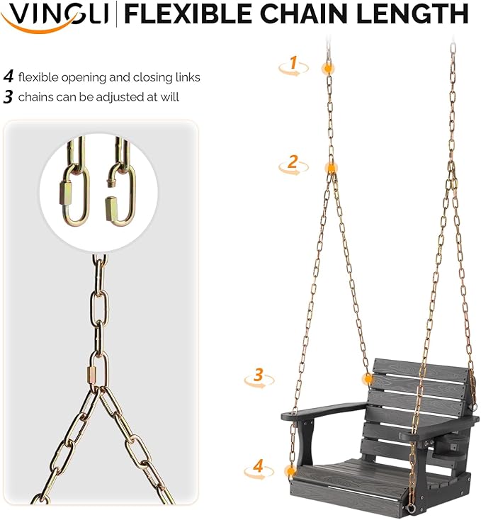 VINGLI Heavy Duty 880 LBS HDPE Porch Swing Outdoor with Rotatable Cup Holder, with Adjustable Chains, 1 Person Hanging Porch Swing Chair for Porch, Yard, Tree, Garden - Grey